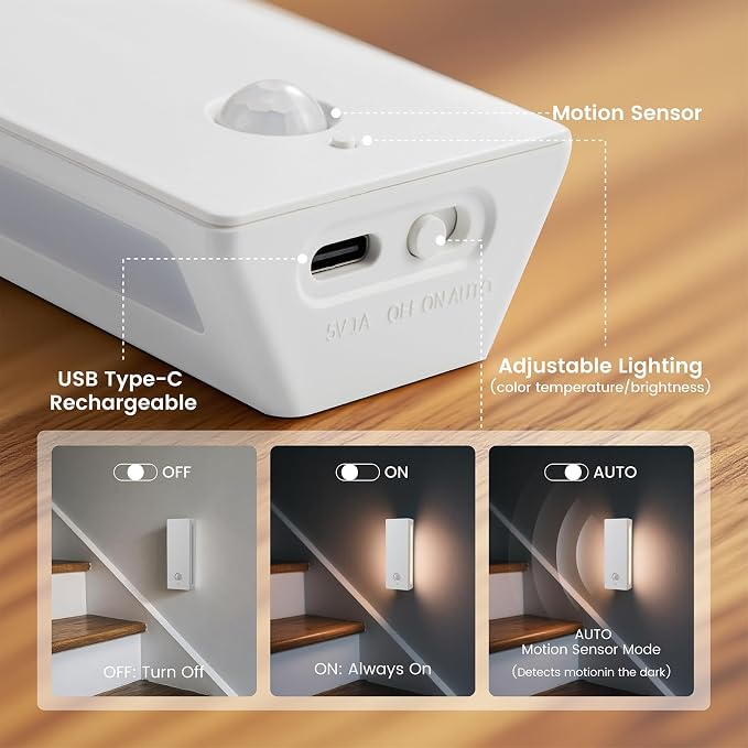 Rechargeable Battery Night Light with Motion Sensor, Cordless Battery-Powered Stick-on Magnet Toilet Lights, Soft Two-Sided Glow, 3CCT Dimmable, for Bedroom, Closet, Stairs, 3 Pack