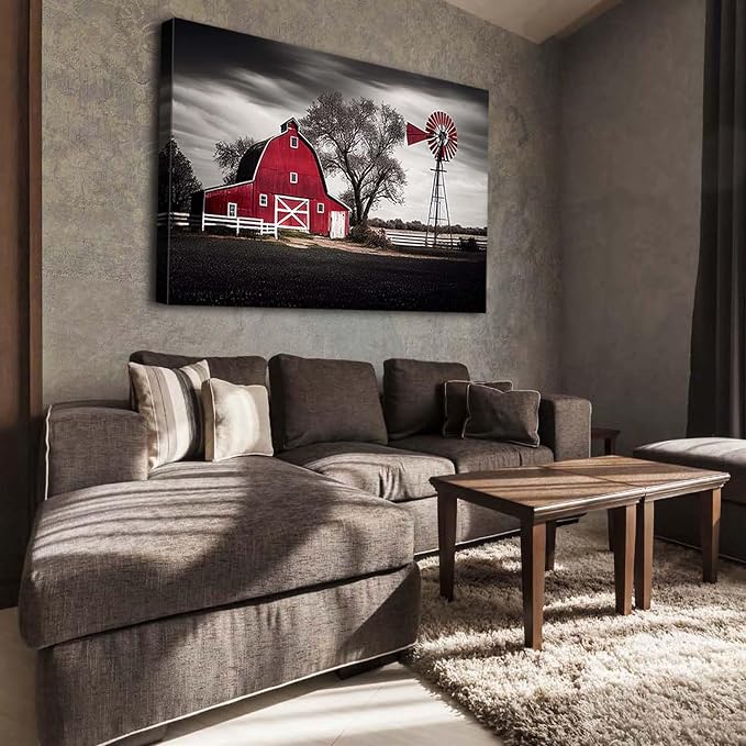 Large Barn Picture Wall Decor Rural Country Red Windmills Canvas Wall Art for Living Room Retro Farmhouse Black and White Cabin Painting Rustic Western Scenery Posters Bedroom Home Decorations 32x48"