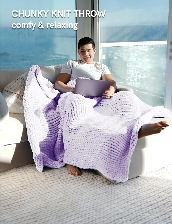 YnM Chunky Throw Blanket, Medium-Weight, Hand Knitted, Skin Friendly, Ventilated and Breathable, Machine Washable, Home Décor Piece for Couch, Sofa and Bed (Iris Lavender, 60x80 Inch)