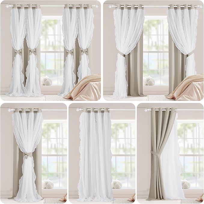 PONY DANCE Girls Curtains for Bedroom Decorative Drapes for Kids Double Layer Curtain Ruffle Sheer Overlay Room Darkening Pretty Chic Princess, 52x84 inch, Cream, 2 PCs