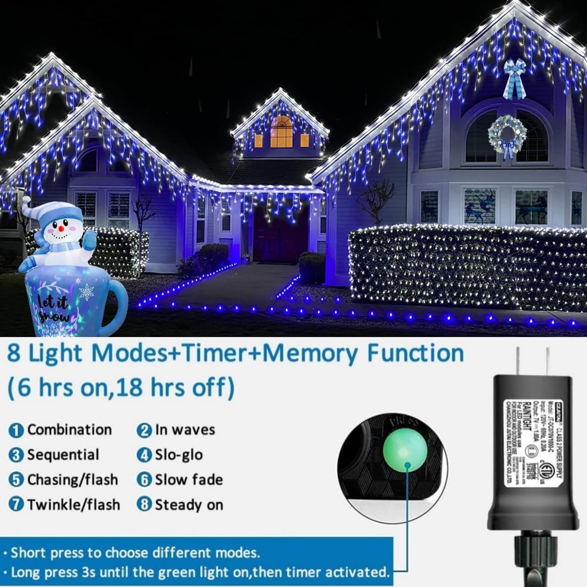 YEGUO 33ft 400 LED Blue and White Icicle Lights Outdoor Waterproof, 80 Drops Icicle String Lights Connectable, 8 Modes Icicle Christmas Lights with Memory Timer