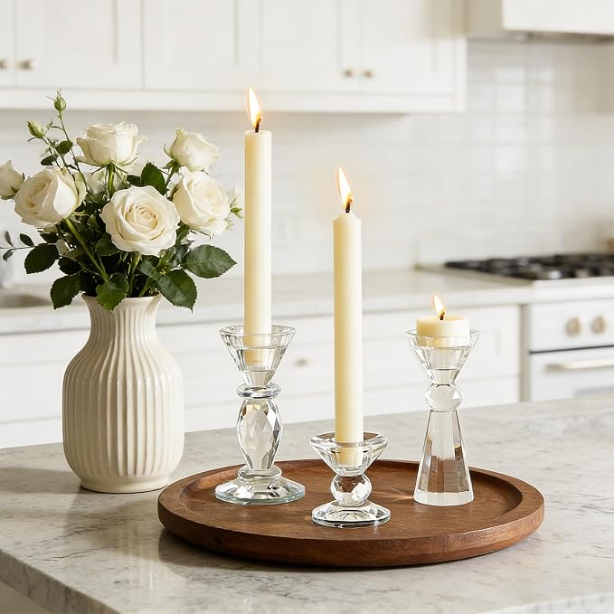 DN DECONATION Glass Candle Holder 3 Pcs, Clear Crystal Candlestick Holders | Tealight Candle Holders, Aesthetic Home Decor for Table Centerpiece, Wedding Decorations, Housewarming Gift, Living Room