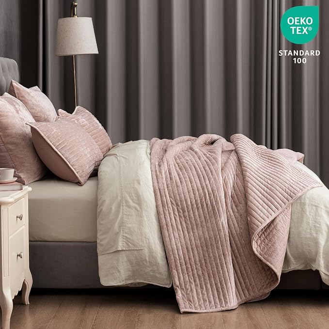 PHF Luxury Velvet Quilt Set King Size – 3PCS Ultra Soft Quilted Comforter Alternative with Striped Channel, Cozy Quilted Bedspread, 1 Coverlet with 2 Matching Shams, 108" x 92", Rose Pink