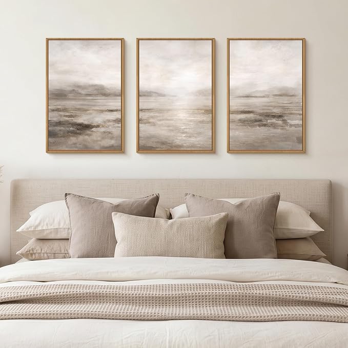 HPNIUB Larger Abstract Neutral Brown Framed Canvas Wall Art Set,Modern Misty Watercolor Lake Landscape Wall Decor, Minimalist Texture Pastel Artwork for Living Room,Bedroom,Office- 24"x36"x3