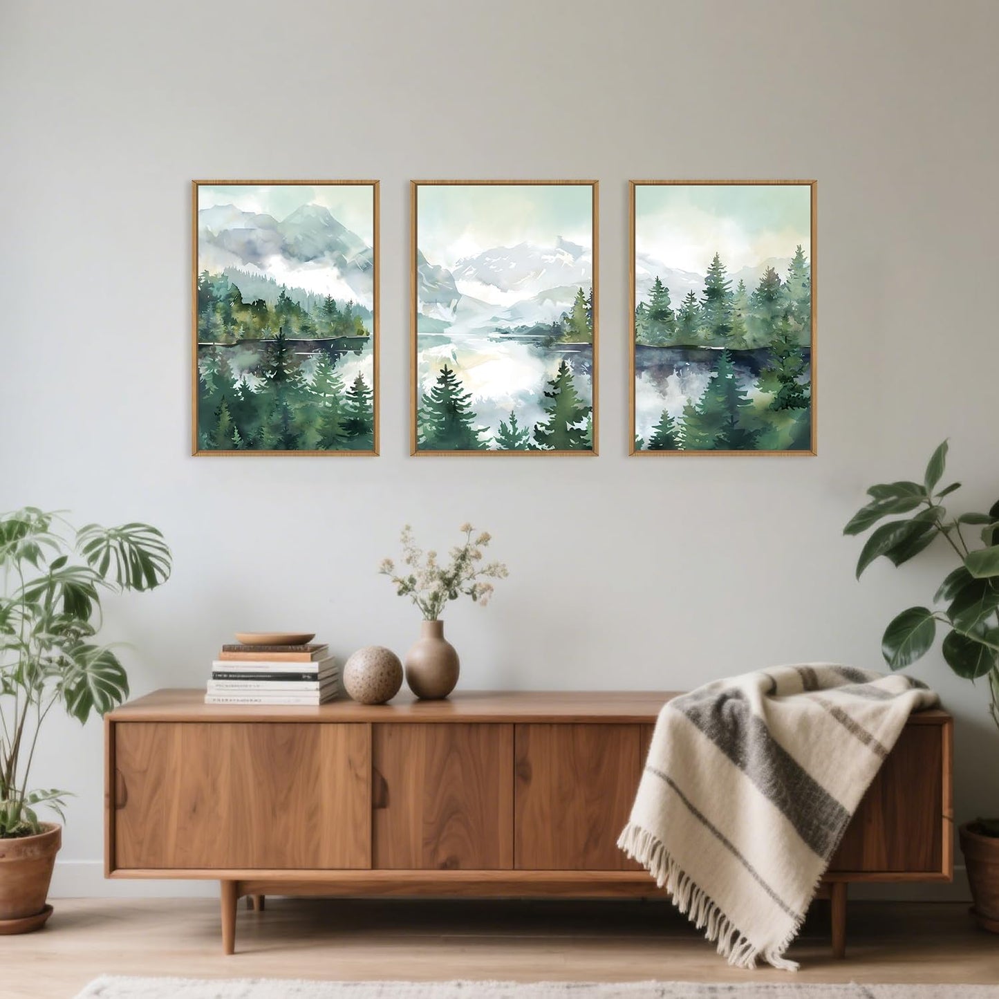 Celestdeco Watercolor Mountain Framed Canvas Wall Art Set, Boho Forest Wall Decor, Nature Green Pines Wall Painting, Forest Wilderness Artwork for Living Room, Bedroom, Dining Room, Office - 24"x36"x3