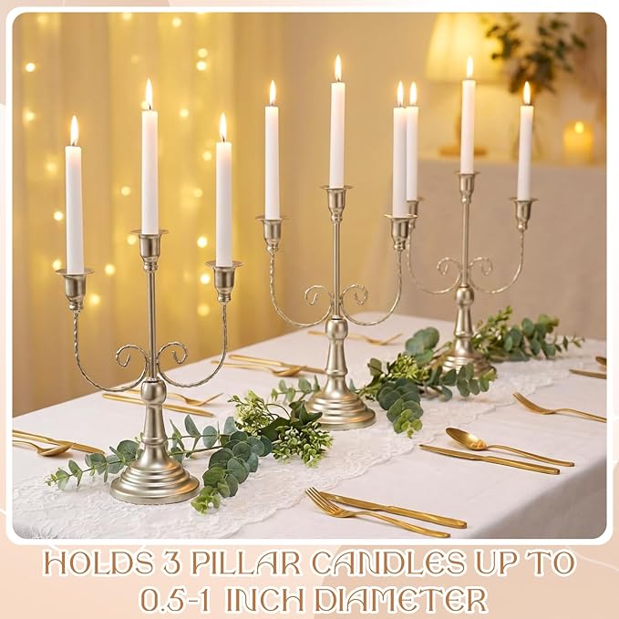 Dandat 3 Pcs 3 Arm Metal Candelabra Candlestick Holders Tall Candlestick Holders Gothic Candle Holder for Home Wedding Church Christmas Party (Retro,11.8 Inch,Matte Silver)