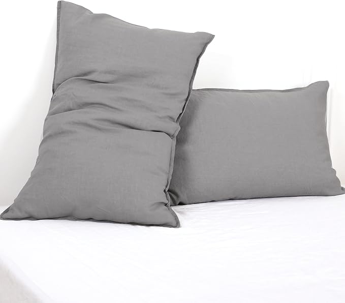 Simple&Opulence 100% Linen Pillowcases Basic Style Solid Color Set of 2, King Size Stone Washed Flax Pillow Cover Envelope Closure (20''x40'', Ultimate Grey)