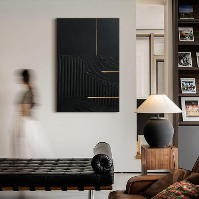 Hand-Painted Black & Gold Abstract Wall Art, Modern Textured Oil Painting | Original Vertical Canvas Artwork for Dining Room Bedroom Office, Minimalist Large Wall Decor for Living Room, 24x36 In