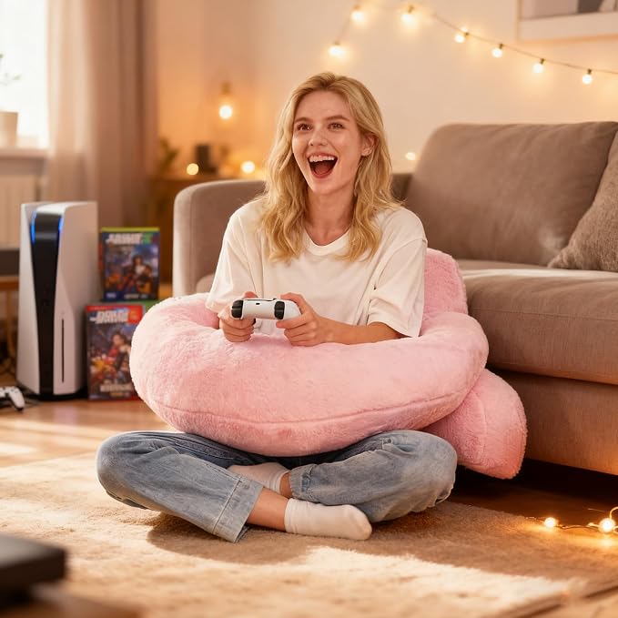 19" Reading Pillow for Bed,U Shaped Arm & Elbow Support,Pink Faux Fur | Backrest Supports Back,U Shaped Lap Pillow Cushions Arms,Elbows & Wrists,Plush Faux Fur for Reading,Gaming,Watching TV