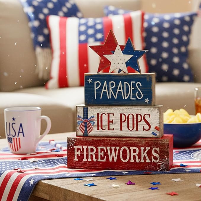 4 Pcs 4th of July Decorations Patriotic Tiered Tray Decor Memorial Day Tabletop Decoration Red White Blue Table Centerpieces Parades Star Decorative Trays for Tiered Tray Home Shelf 250th Anniversary
