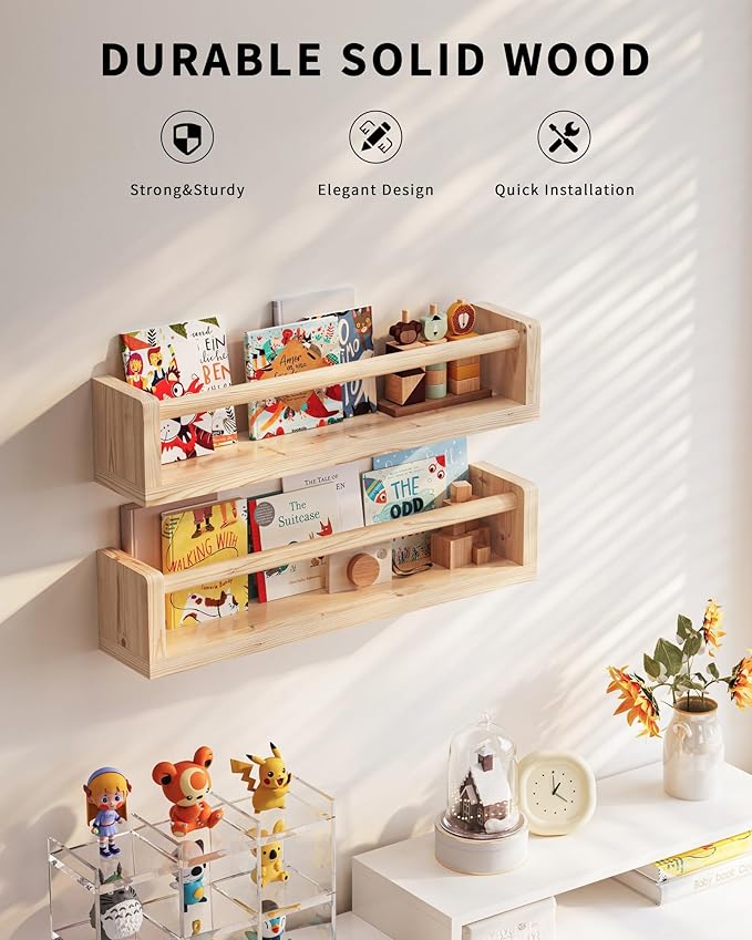 Seocry Nursery Book Shelves, 4 Pack, Wall Book Shelves for Kids Room, Baby, Toddler, Nursery Decor (Wood, 16.5 Inches)