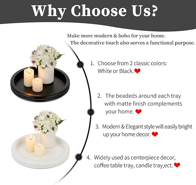 Hanobe Decorative Coffee Table Tray: White Beaded Round Serving Tray Modern Farmhouse Wooden Circle Centerpiece Tray Decor for Home Living Dining Room Kitchen Counter Bathroom