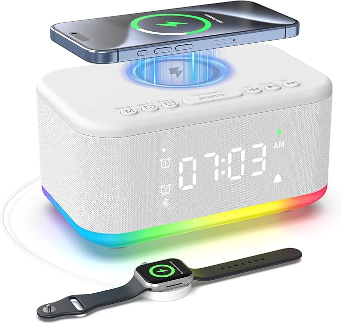 Wireless Charging Alarm Clock Bedroom, Digital Alarm Clocks Bedrooms Bluetooth, Loud Bluetooth Speaker Alarm Clock Night Light Dual Alarm Snooze 12/24H Dimmer Bluetooth AUX USB Charging, White