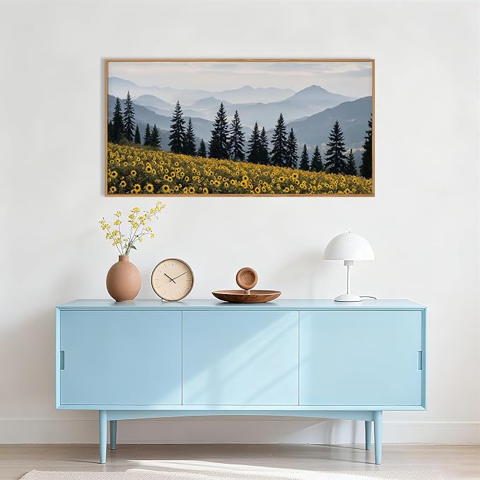 HPNIUB Large Boho Mountain Sunflowers Framed Canvas Wall Art Set, Nature Pine Tree Landscape Wall Decor, Misty Forest Art Print, Rustic Wildflower Painting Artwork for Living Room, Bedroom,Office -20''x40''
