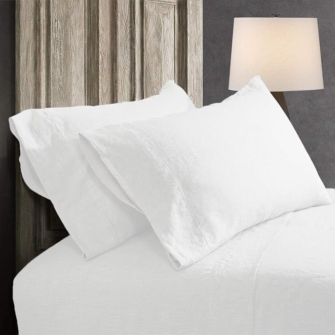 100% French Linen Pillowcases with Handmade Hemstitch Lace - Pack of 2 - Washed Solid Color Natural Flax Soft Breathable - White, 20'' x 40''