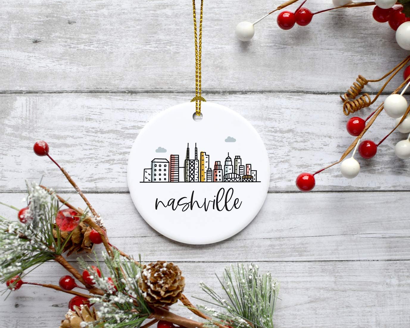 Andaz Press Round Ceramic Porcelain Christmas Tree Ornament Keepsake, Nashville Colorful City Skyline 1-Pack Birthday Ideas Family Coworker Includes Box Ornament