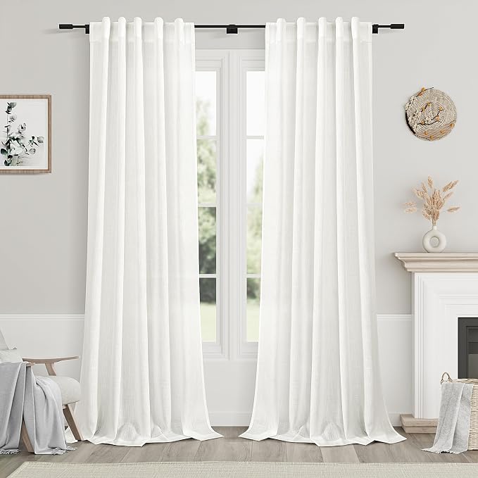 Ivory Linen Sheer Curtains 102 Inches 2 Panels Set Back Tab Rod Pocket Extra Long Semi Sheer Light Filter Vintage Curtain Drapes Room Decor Aesthetic Curtains for Living Room High Window 40x102