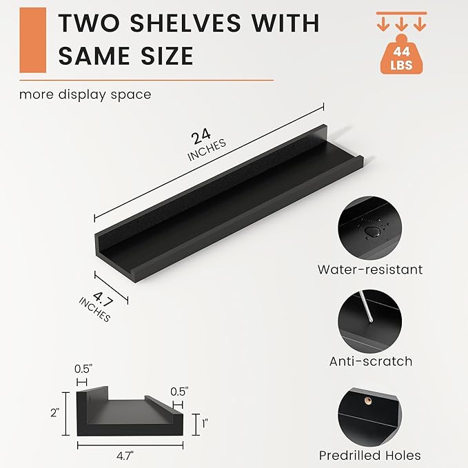 FLYJOE Picture Ledge Shelf, Floating Shelves Set of 2, 24 Inches Nursery Book Shelves for Toys Storage, Kids Bookshelf Wall Mounted for Living Room Bedroom Decor Books Photo Frames, Black