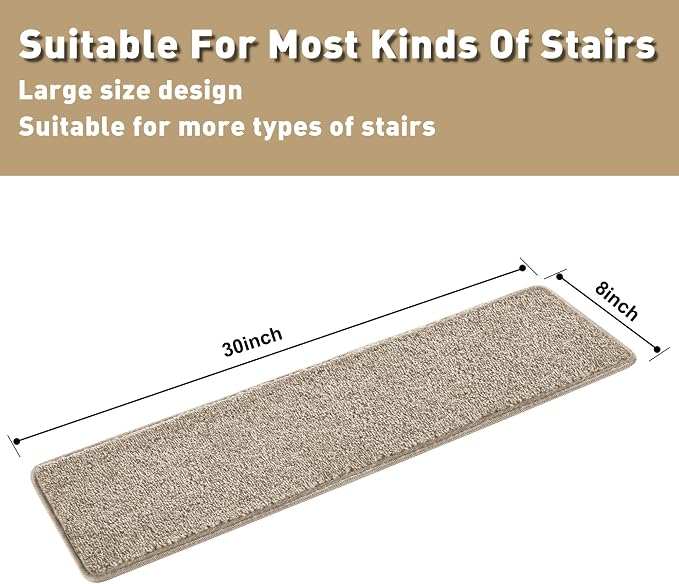 PURE ERA Carpet Stair Treads Tape Free Non Slip Indoor Stair Carpet Stair Protectors Pet-Friendly Non-Slip Skid Resistant Washable Reusable 8" x 30"(14 Pieces,Cream Gray)
