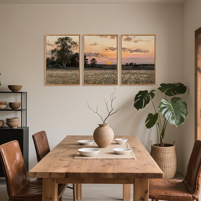 TOARTi Large Framed Countryside Landscape Canvas Wall Art, Wildflower Sunset Fireflies Painting Art Prints,Vintage Farmhouse Natural Scenery Wall Decor for Living Room Bedroom Office-24”x35”x3