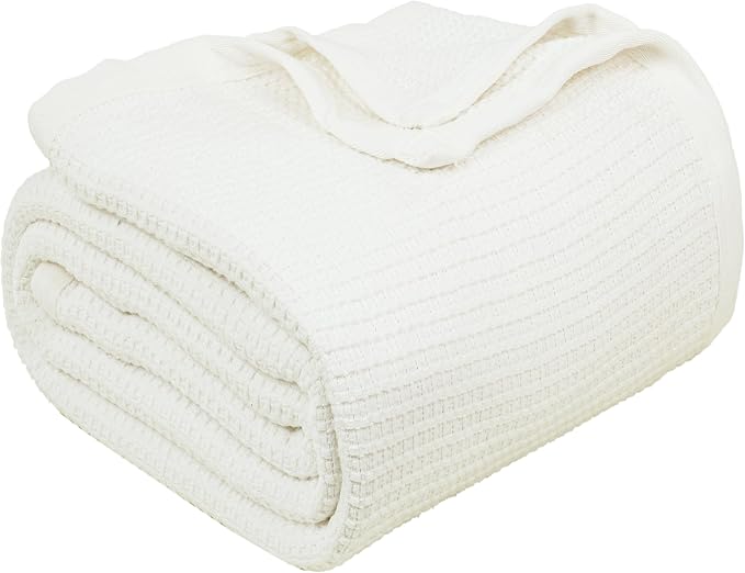 TreeWool Premium 100% Cotton Waffle Queen Blanket (90"x90", Ivory) | Breathable Lightweight Moisture Wicking Soft Knit Thermal Blanket for Summer, Bed or Sofa All-season Comfort Machine Washable