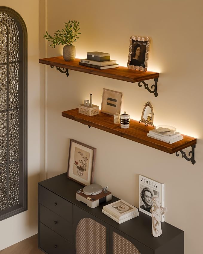 36 Inch 2 Tier Solid Wood Floating Shelves with LED Light, Metal Brackets | 36 inch solid pine shelves, 2 tier, warm LED light, walnut finish, metal brackets for books and decor