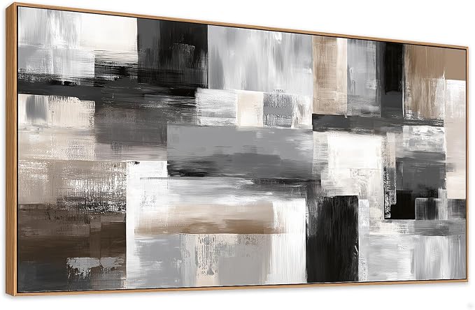 HUADAOART 30x58 Inch Framed Abstract Canvas Wall Art Neutral Grey Beige Geometric Decor