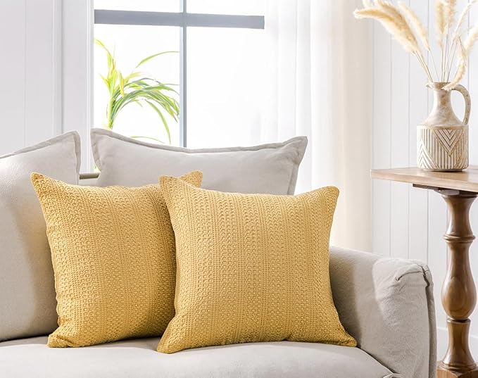 26x26 Pillow Covers Boho Euro Shams Set of 2 Decorative Throw Pillow Covers Cotton Large Square Pillowcase for Couch Bed, Yellow