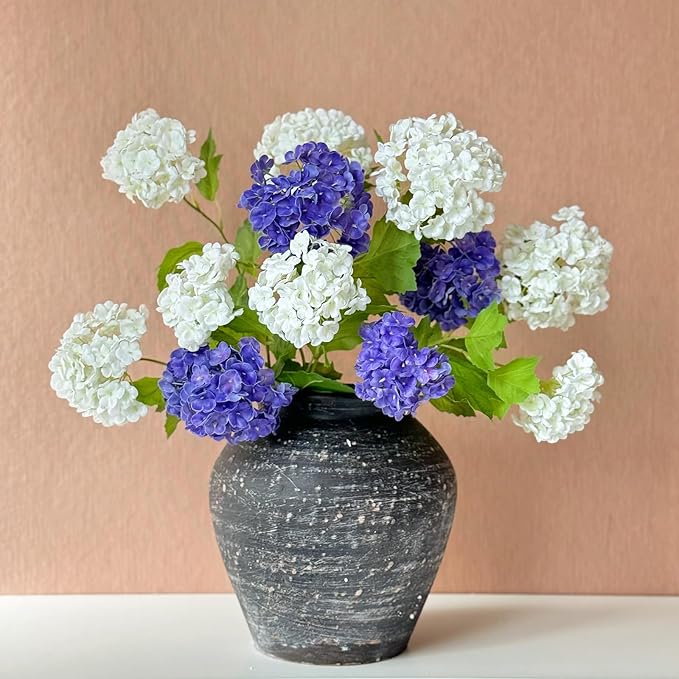 RUZUQE YalzoneMet Purple Small Hydrangea Artificial Flower 4 Pcs 26.8'' Lifelike Long Stem Snowball Viburnum Real Touch Faux Latex Flowers for Home Christmas Decoration Outdoor Wedding Decor