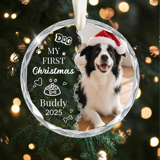 Personalized Dog Christmas Ornaments 2025, Custom Christmas Photo Crystal Glass Ornaments with Name or Date, Personalized Christmas Tree Decor Gifts for Family, Friends,Pet or Newlyweds