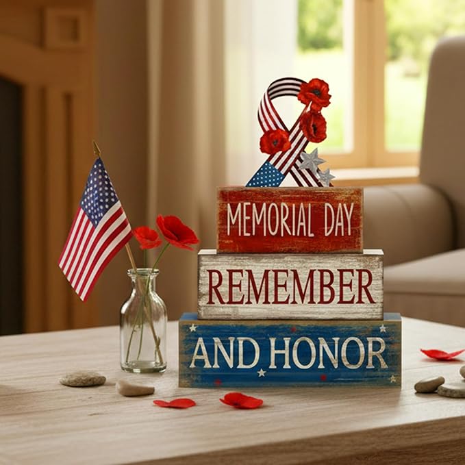 CroBlissful 4 Pcs Memorial Day Decorations Patriotic Remember Tabletop Decorations Star Ribbon Red White Blue 4th of July Table Centerpieces Sign for Office Tiered Tray Home Shelf 250th Anniversary