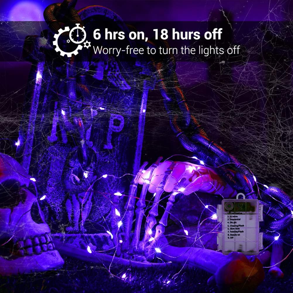 BrizLabs Purple Halloween Lights, 19.47ft 60 LED Battery Halloween Lights, 8 Modes Purple Fairy String Light with Remote, Waterproof Outdoor Twinkle Light for DIY Home Bedroom Holiday Party Decor