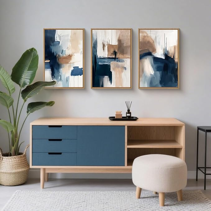 Large Abstract Brush Stroke Framed Canvas Wall Art,Modern Pastel Wall Decor,Neutral Navy Blue Art Prints, Minimalist Watercolor Brown Artwork for Living Room,Bedroom,Dining Room-24"x36"x3