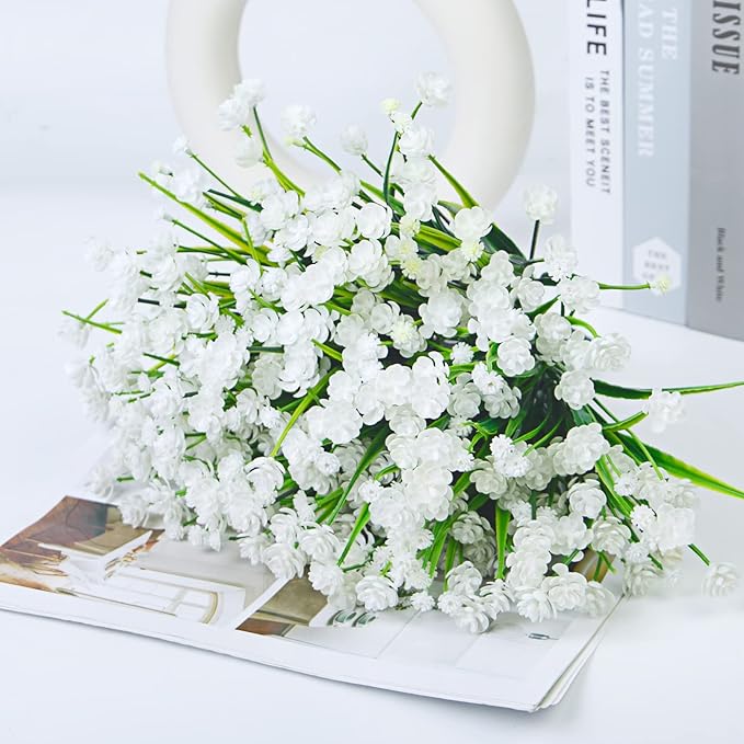 Ouddy Decor 24 Bundles Artificial Flowers for Outdoors UV Resistant Fake Plastic Plants Faux Greenery Stems for Spring Summer Indoor Garden Patio Window Box Kitchen Home Decor, White