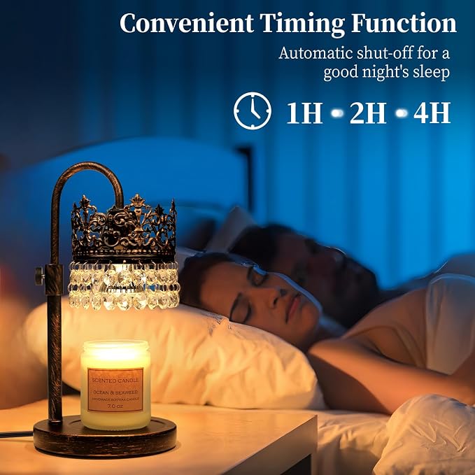 Candle Warmer Lamp with Timer Dimmer Adjustable Height with 2 Bulbs Crystal Candle Lamp Elegant Home Decor for Valentine's Day Gift Wax Melt Warmers for Women Birthday Gift (Black Gold Brushed)