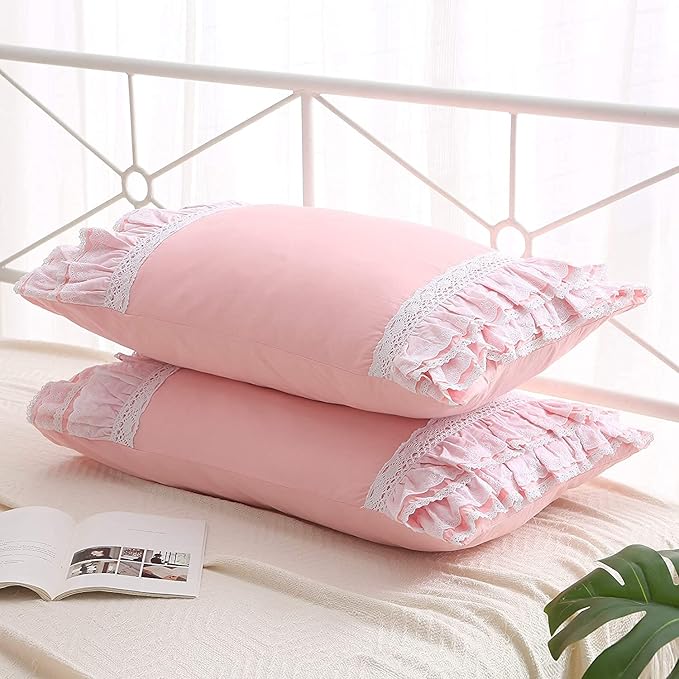 2-Pack Pink Pillow Shams Cases Covers with Ruffles and Lace Cotton King Size 20"X36"Soft Boudoir Luxurious