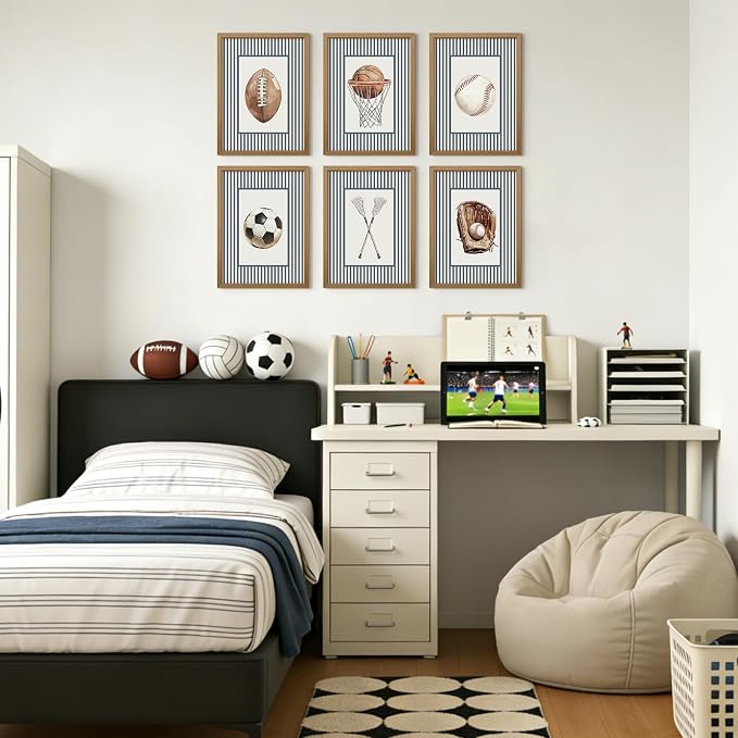 Sports Wall Art Decor Toddler Boys Room Canvas Prints Vintage Sports Nursery Wall Decor Baby Kids Poster Football Baseball Pictures Basketball Soccer Artwork for Children Bedroom 8x10x6 Inch Framed