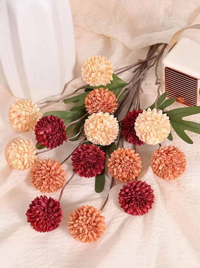 Waipfaru 10pcs Fake Silk Pompon Mum Artificial Fall Flowers, Faux Mini Chrysanthemums, Fall Decor for Centerpieces Wedding, No vase, Multicoloured
