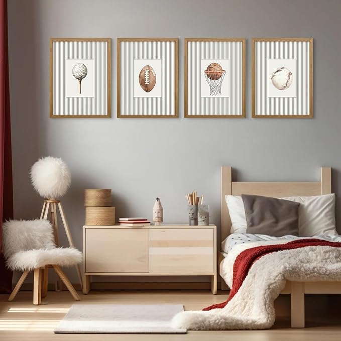 Sports Wall Art Decor Toddler Boys Room Canvas Prints Vintage Sports Nursery Wall Decor Kids Poster Football Baseball Pictures Basketball Golf Painting Artwork for Bedroom 8x10x4 Inch Wood Framed