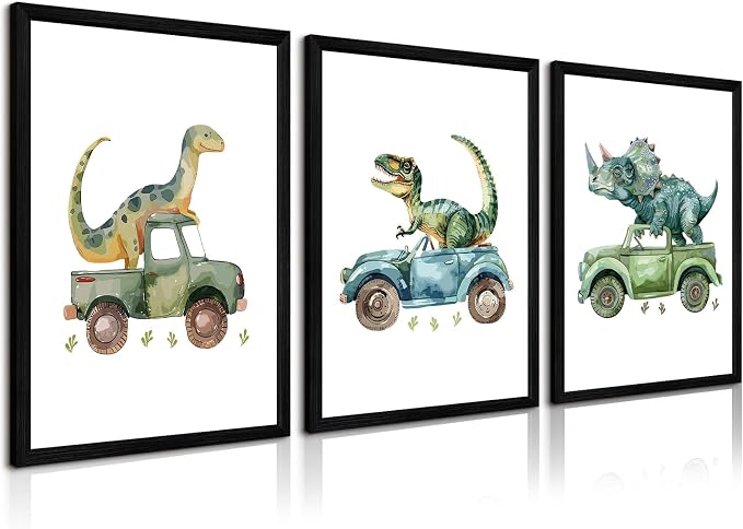 Dinosaur Nursery Wall Art Kids Canvas Poster Baby Boy Nursery Wall Decor Green Dino Pictures Toddler Prints Cartoon Dino Car Painting Boys Room Artwork for Bedroom Bathroom 16x24x3 Inch Wood Framed