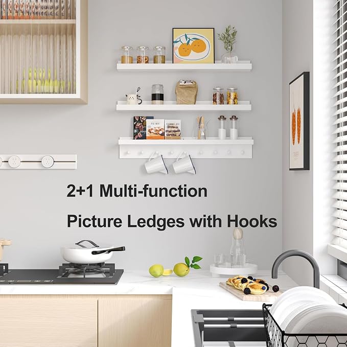 MBYD Solid Wood White Nursery Book Shelves for Kids Room, 36 Inch Wall Shelf with Hooks & Floating Shelf with Pegs, Picture Ledge to Organize Books, Baby Essentials, Declutter Space & Hang Clothes