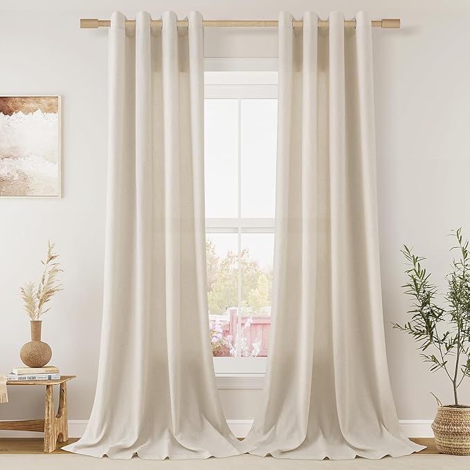 Aersas Boho Colored Grommet Linen Curtains 108 Inches Long for Living Room Bedroom Semi Sheer Light Filtering Neutral Boho Farmhouse 108 Inch Length 2 Panel Set for Large Window 9 Ft