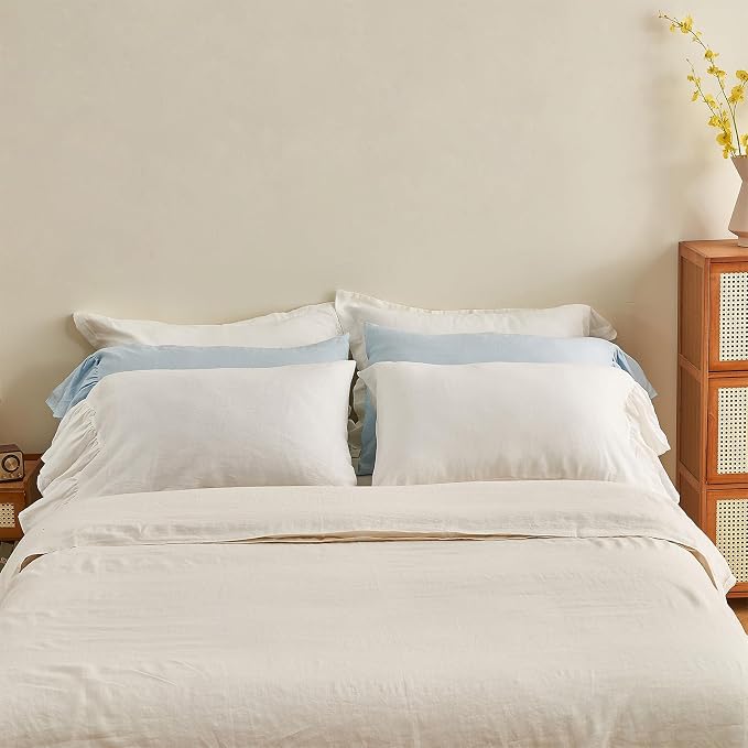 Ruffles Linen Pillowcases 2 Packs, 100% French Linen Pillow Covers, Queen Size Shabby Chic White Pillow Shams, with Decorative Ruffle Envelope Closure (Queen, White, 2 PCS)