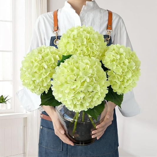 JINWOE Light Green Hydrangea Artificial Flowers, 4Pcs 22" Large Lifelike Faux Silk Flowers, Full Artificial Hydrangeas for Bouquet Table Centerpieces Indoor Spring Outdoor Home