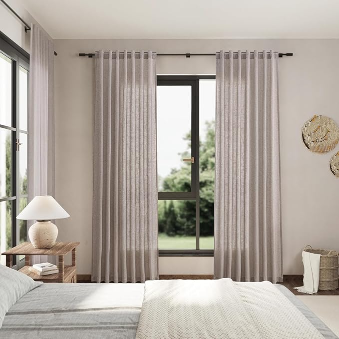 Nanspring Brownish Grey Linen Curtains for Living Room 92 Inches Long Back Tab Light Filtering Semi Sheer Curtain Modern Farmhouse Decor for Bedroom Office Luxury Textured Drapes 52x92, 2 Panels