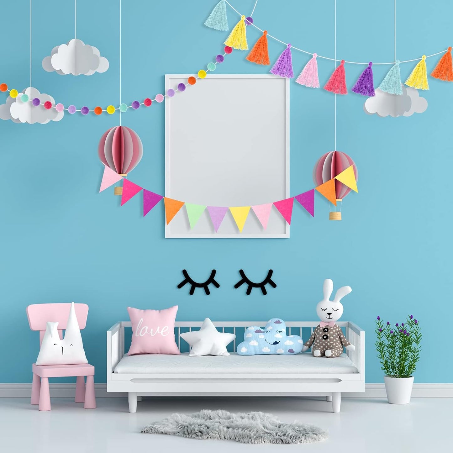 Irenare 9.8 ft Pom Pom Garland Felt Colorful Tassel Banner Christmas Party Pompoms Garland Decorations Felt Pennant Banner for Classroom Home Mantel Fireplace Birthday(Candy Color)