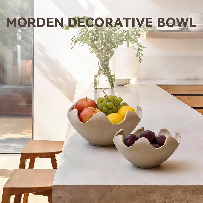 Wavy Decorative Bowl Home Decor - Set of 2 Modern Handmade Decorative Fruit Bowl for Kitchen Counter, Creative Centerpiece Decor for Entryway Table Coffee Table, Artificial Stone Beige