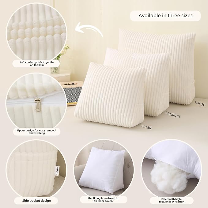 Corduroy Wedge Reading Pillow for Bed, 3 Sizes, 4 Colors for Bed, Sofa, Office Chair (White, Medium 19 * 16 * 7in)
