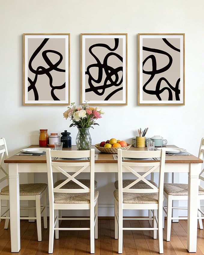 PHOPAGO Black and Gray Abstract Framed Wall Art Large 16x24in Decor Ink Wash Dark Brush Stroke Prints Shapes Illustrations Modern Art Decorative Ready To Hang - Natural Framed