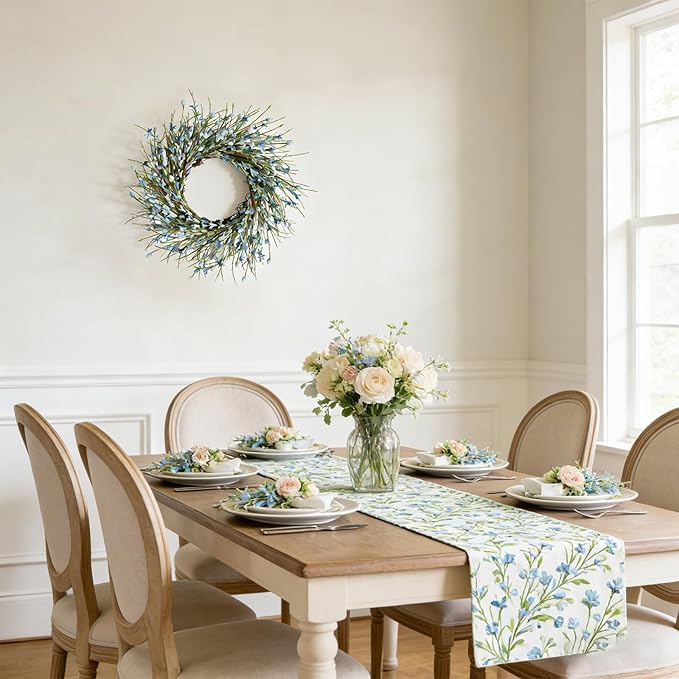 Bibelot 20inch Artificial Forsythia Flower Wreath, All Year Around Wreath for Front Door, Wedding Window Home Wall Indoor Front Door Decor (Blue, 20in)